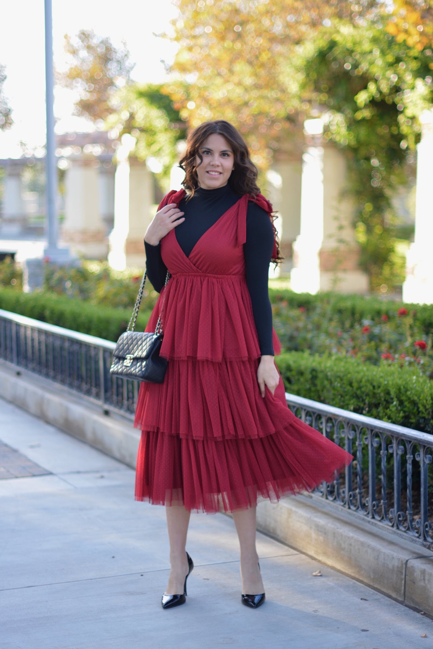 Taylor Deep Red Tiered Tulle Midi Dress