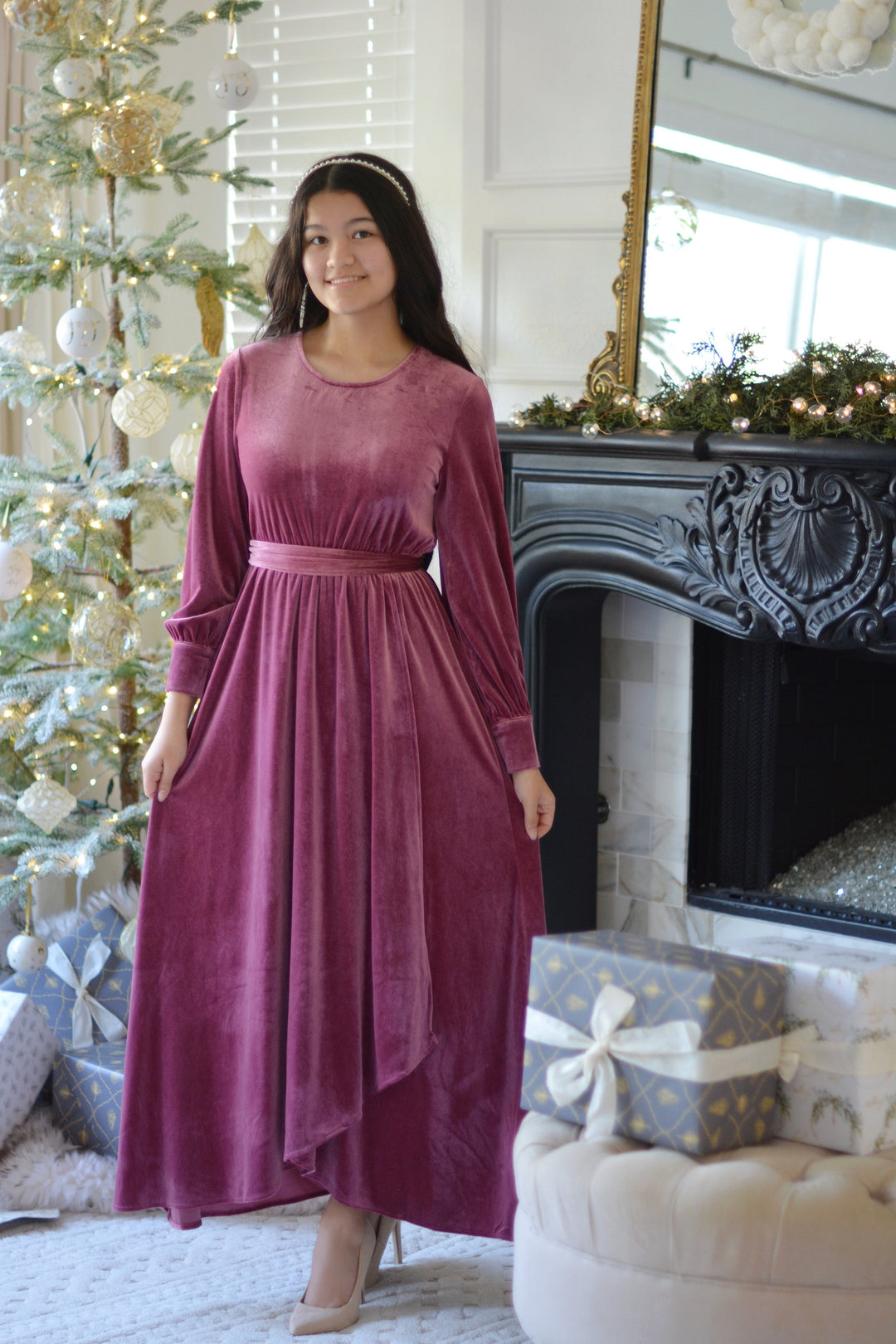 knee length dresses for ladies Cameo Pink Velvet Maxi Dress Medium