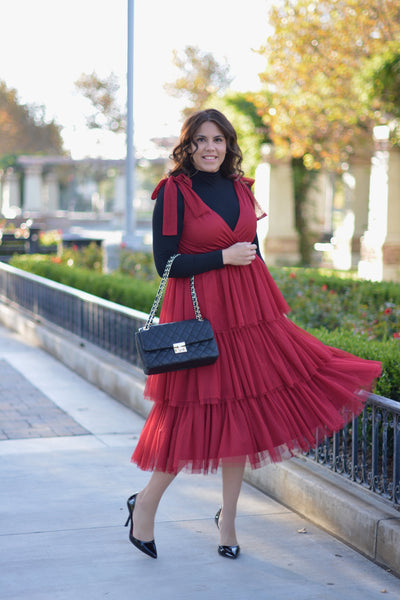 Taylor Deep Red Tiered Tulle Midi Dress