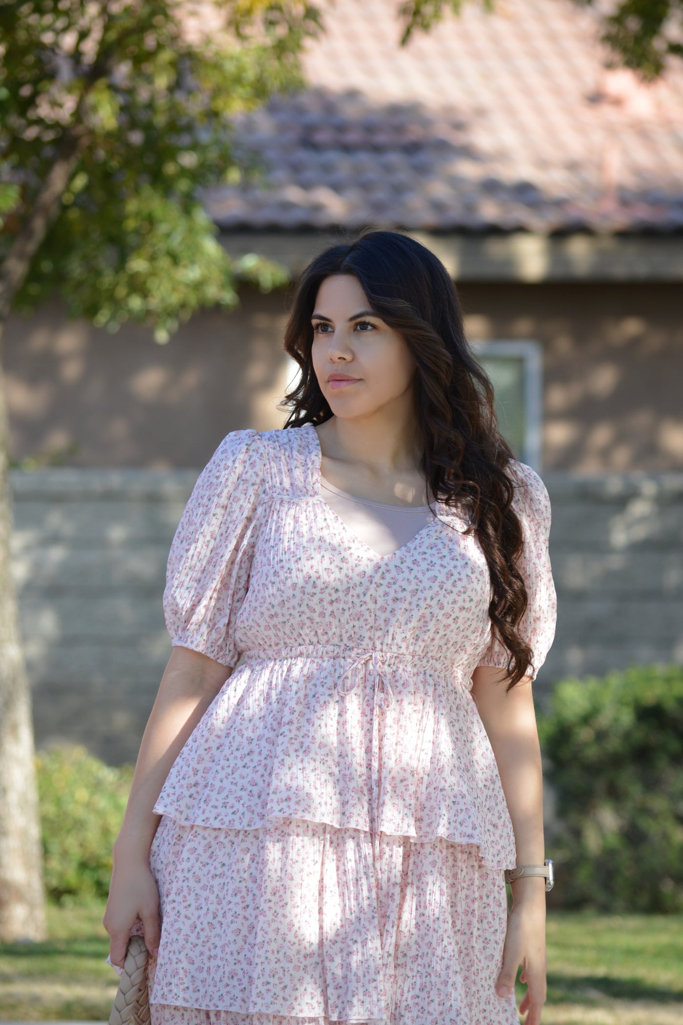 Ettalie Pink Ruffled Floral Dress