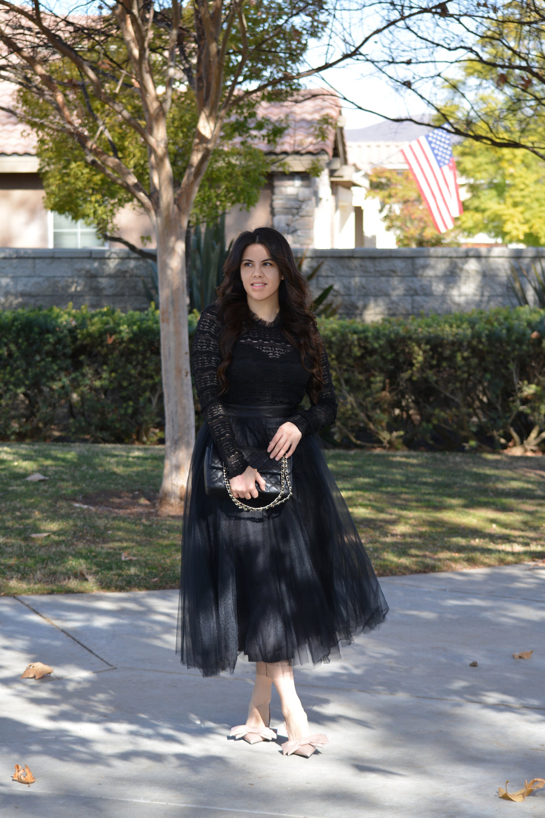 black dress with skirt Elliana Tulle And Lace Model is wearing the The Lady in a sexy club outfits for women Size:SmallSmall