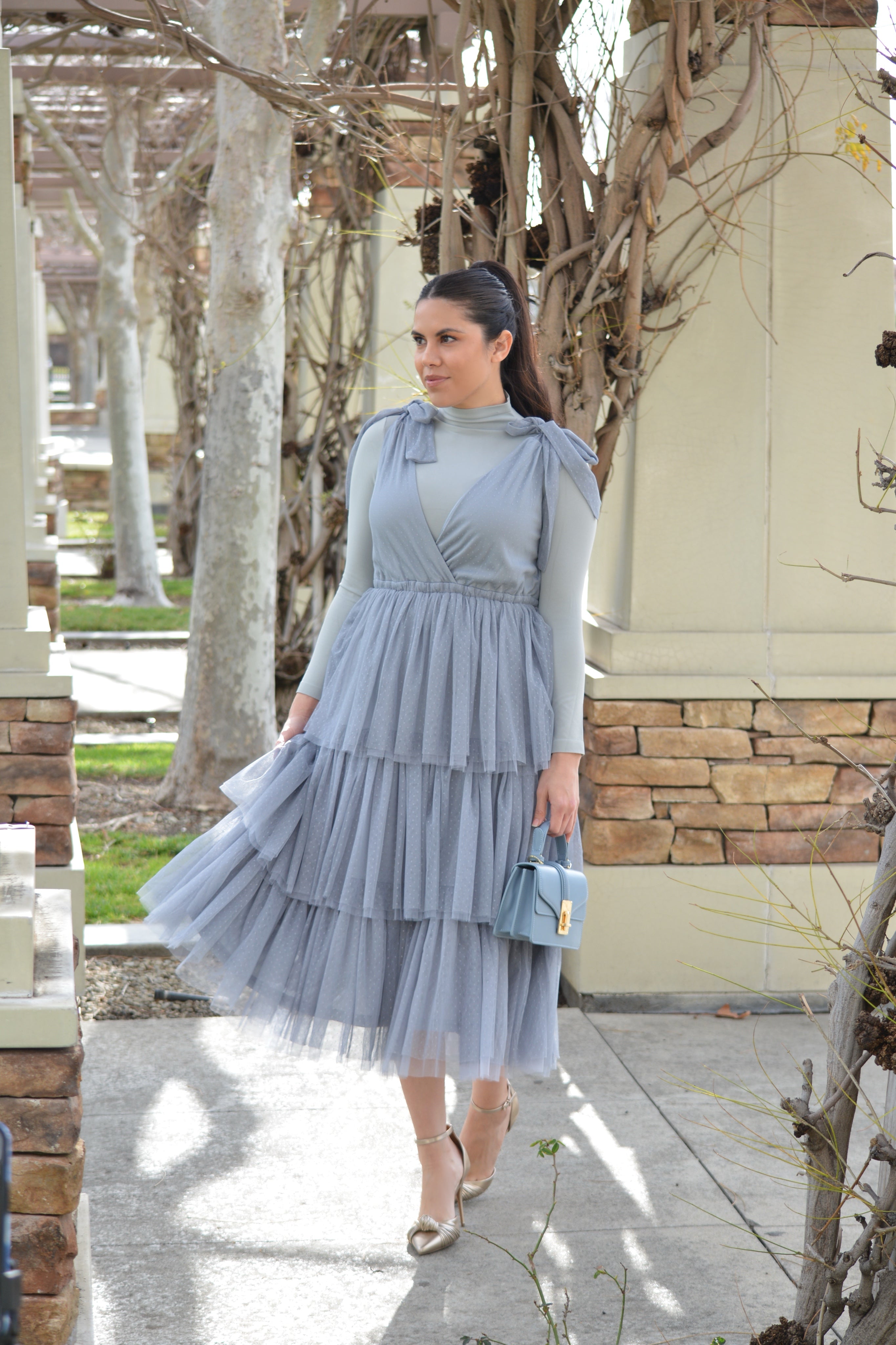 Grey tulle midi dress sale