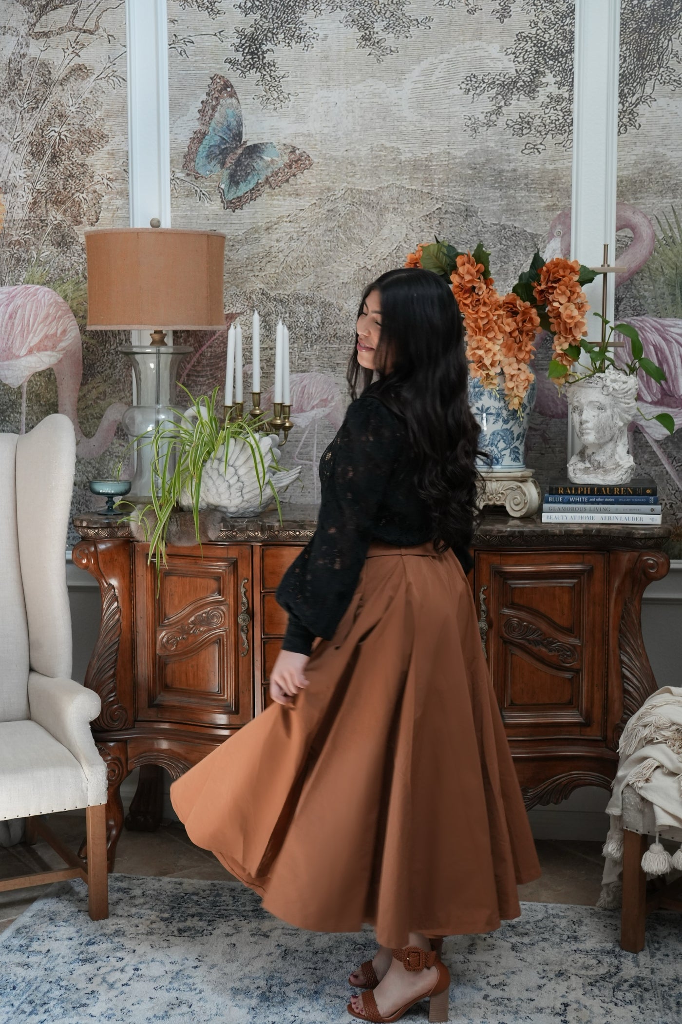 Mattie Camel Taffeta Midi Skirt