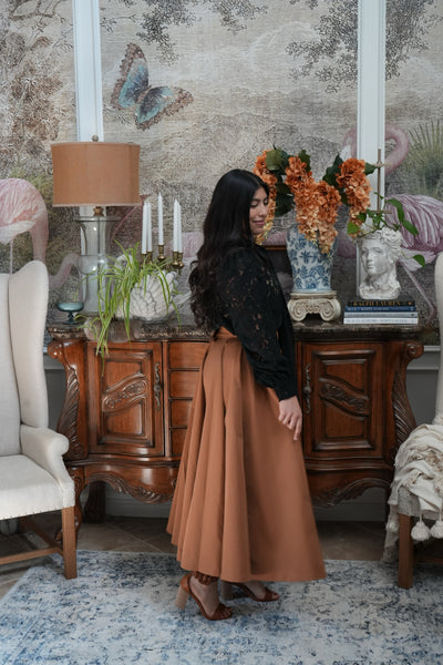Mattie Camel Taffeta Midi Skirt