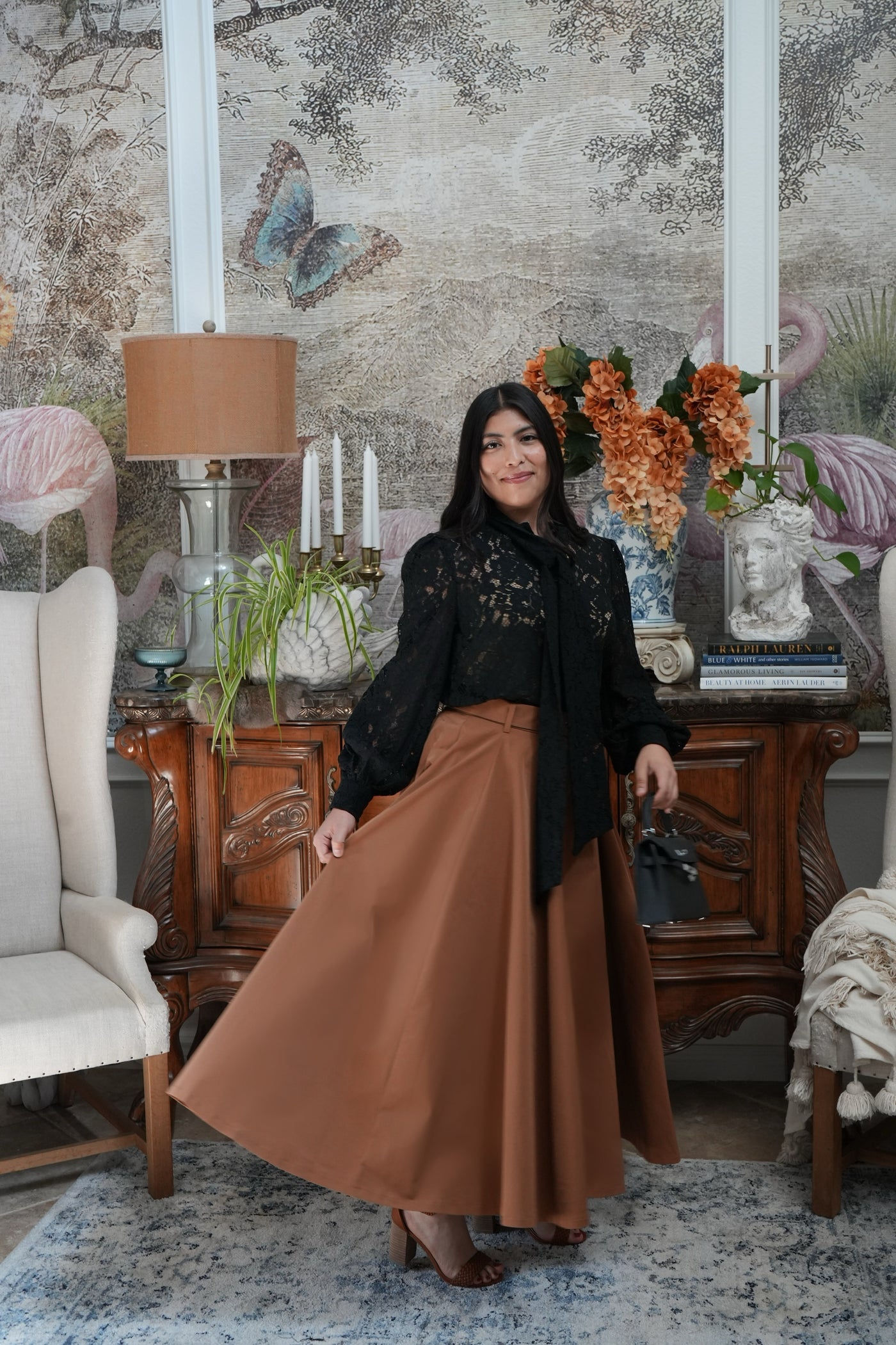 Mattie Camel Taffeta Midi Skirt