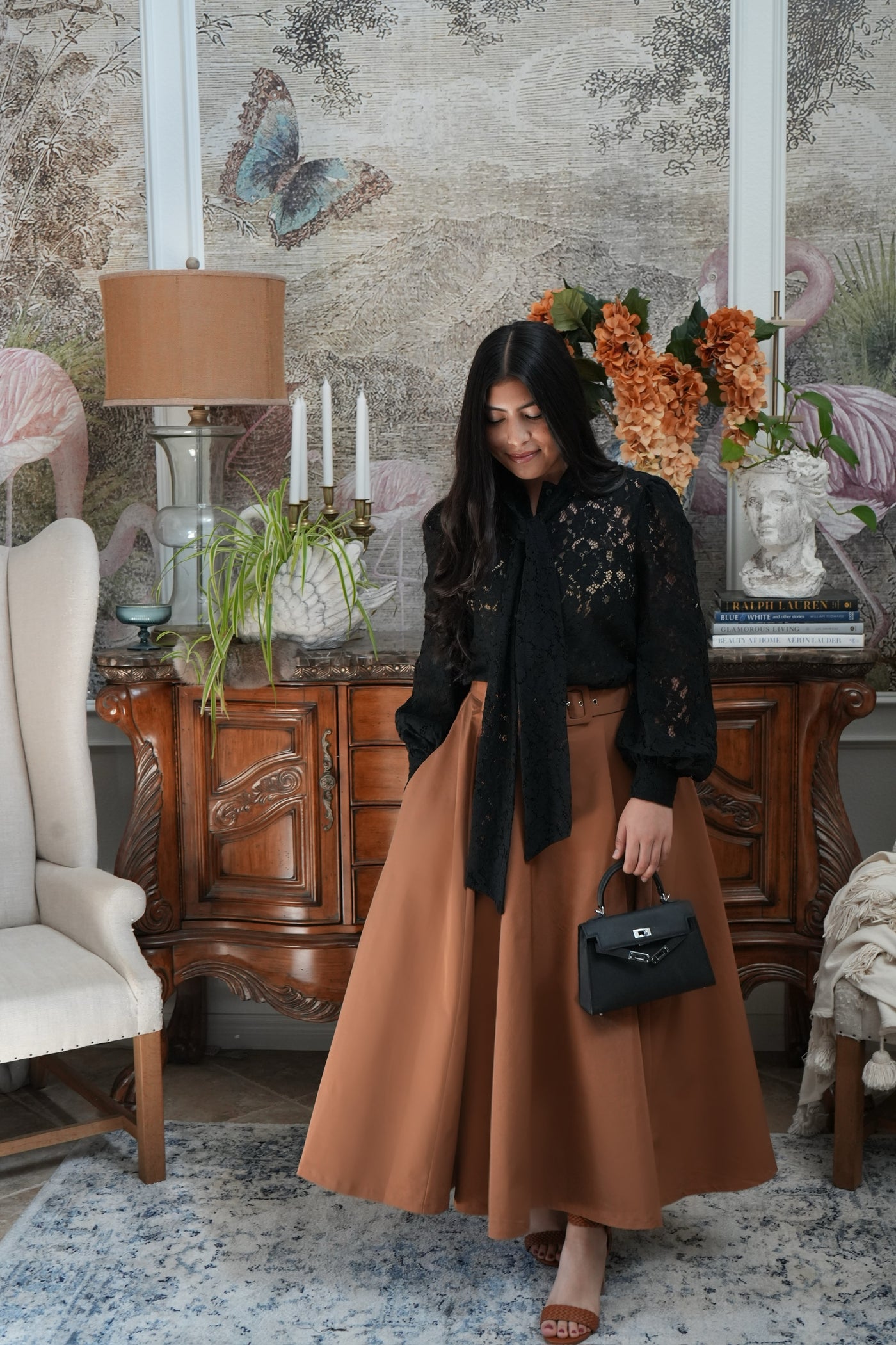 Mattie Camel Taffeta Midi Skirt