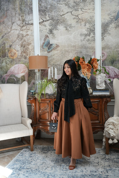 Mattie Camel Taffeta Midi Skirt