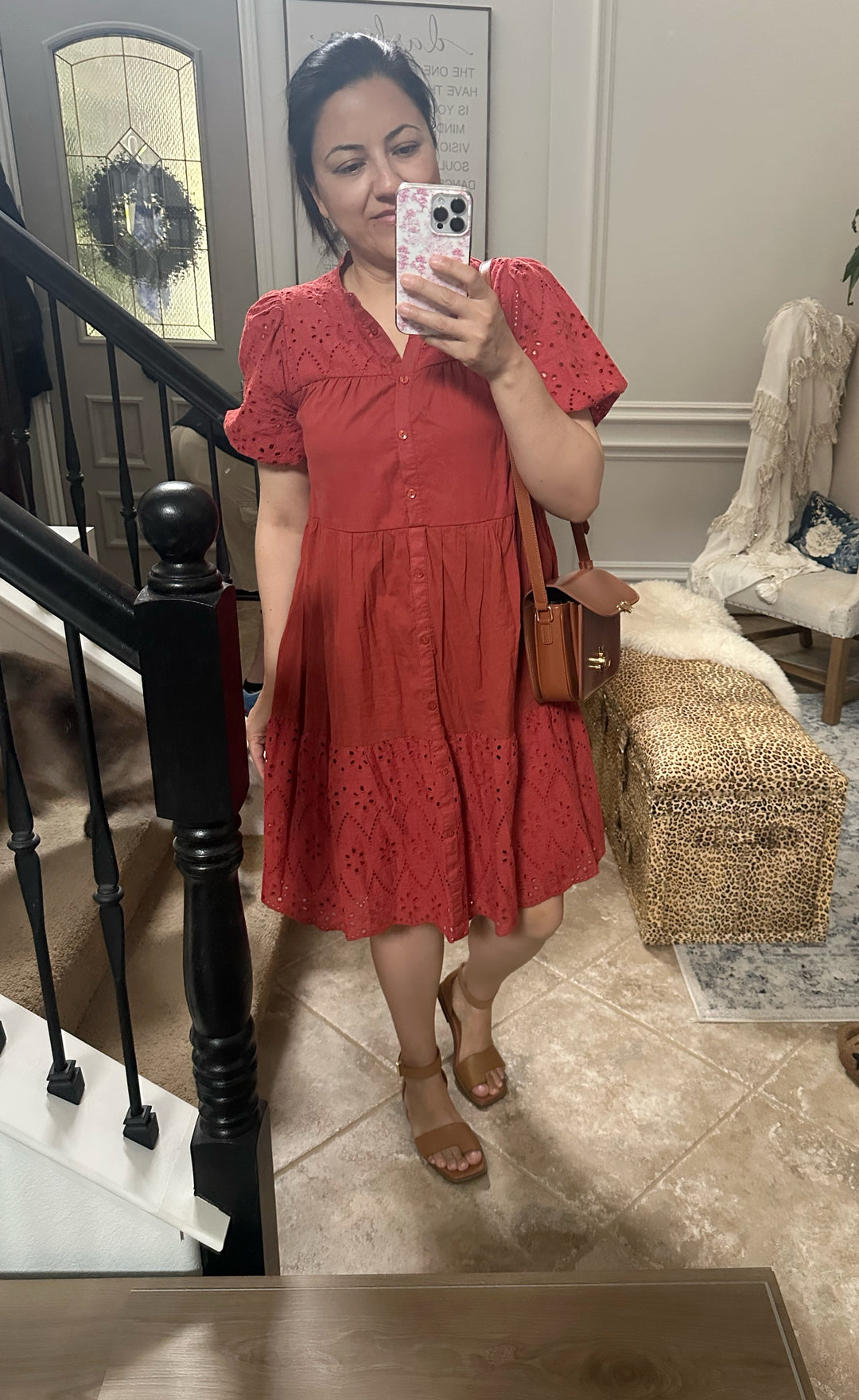 Luna Rust Cotton Eyelet Dress Large