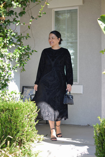 Steph Black Velvet Damask Dress