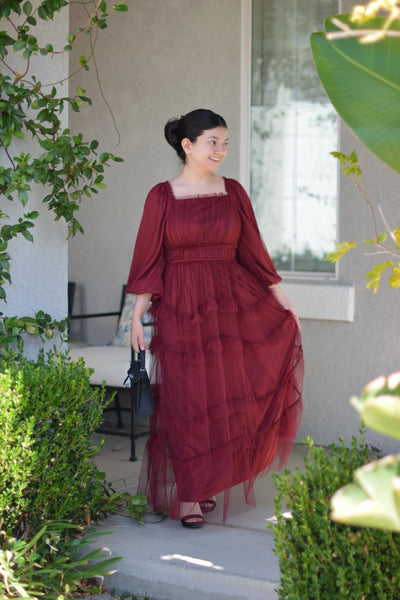 Mollie Burgundy Tulle Maxi Dress