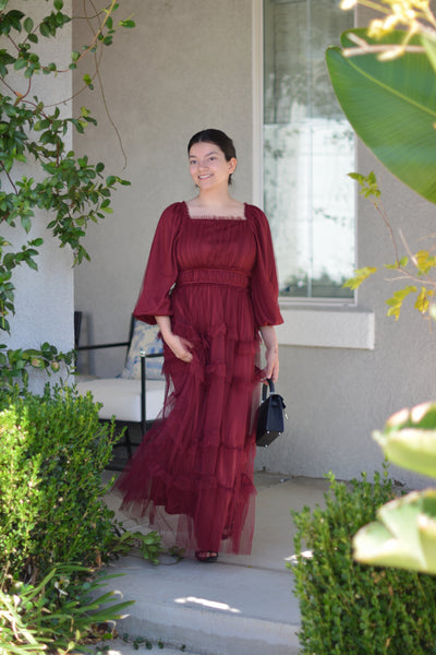 Mollie Burgundy Tulle Maxi Dress