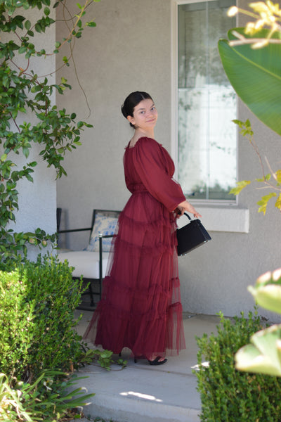 Mollie Burgundy Tulle Maxi Dress