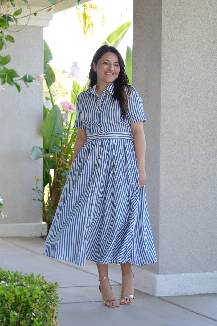 striped dress cotton Lela Rose | Embroidered Striped Cotton Midi Dress | M
