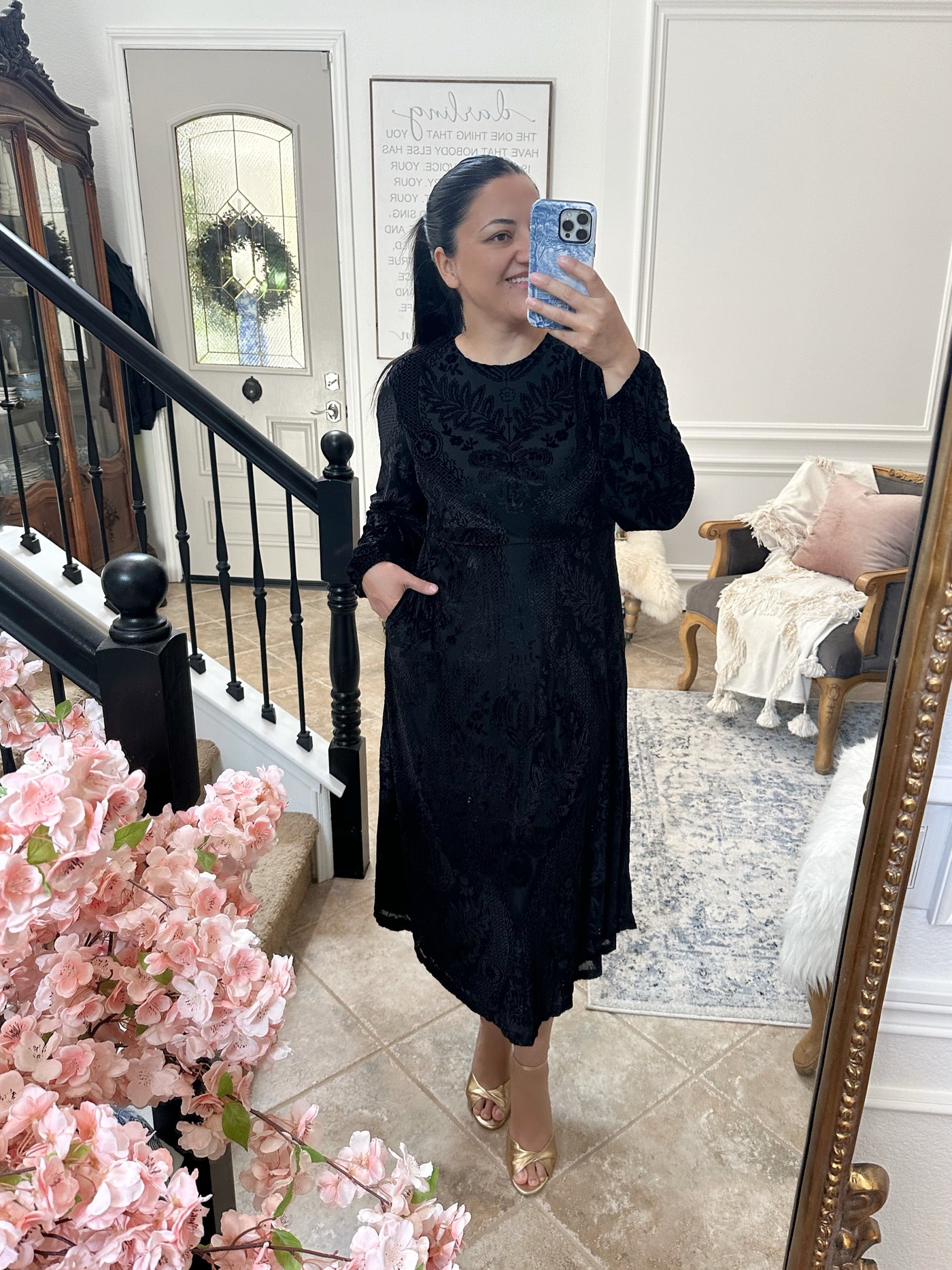 Steph Black Velvet Damask Dress