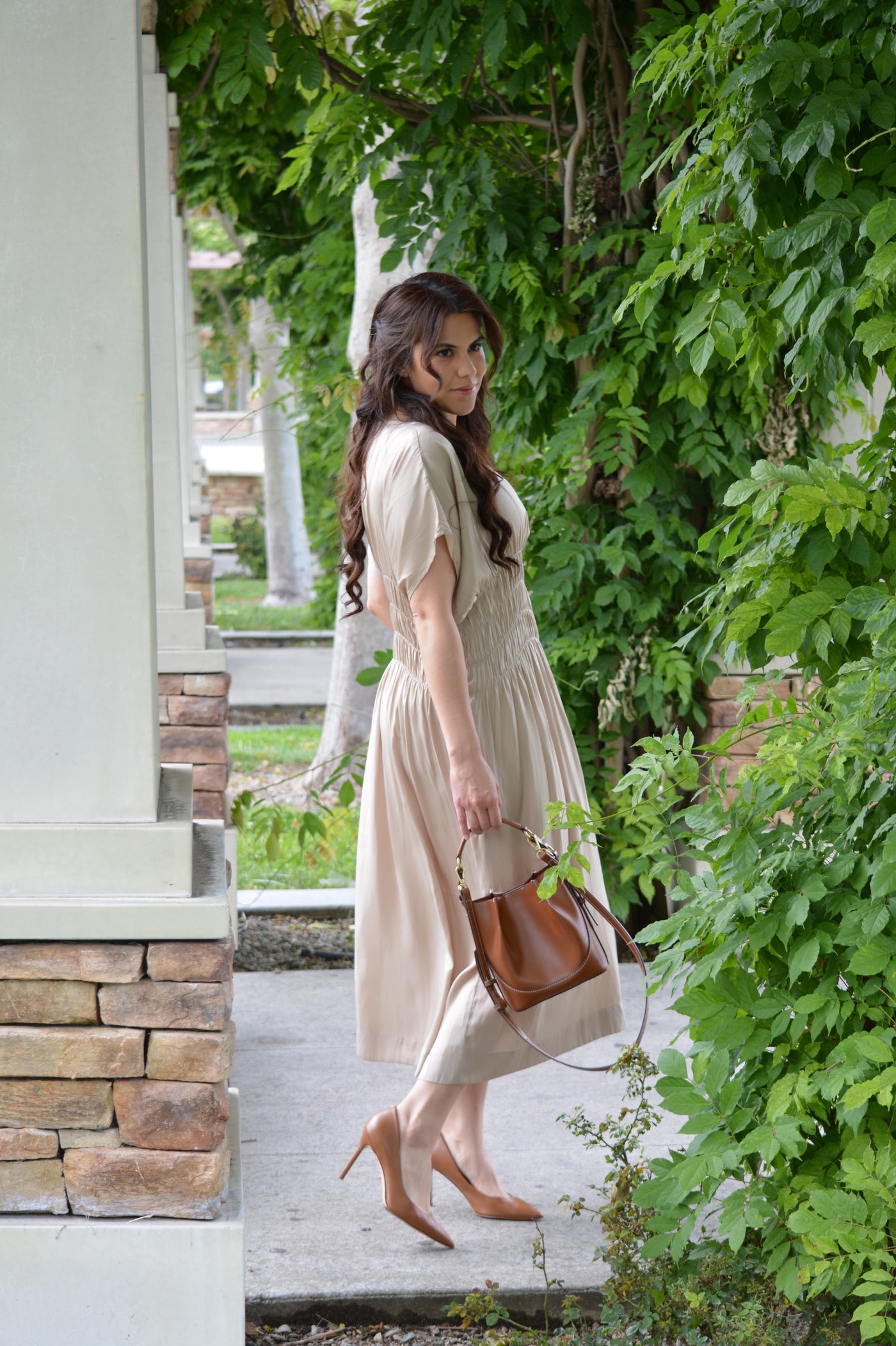 Maeve Taupe Midi Dress