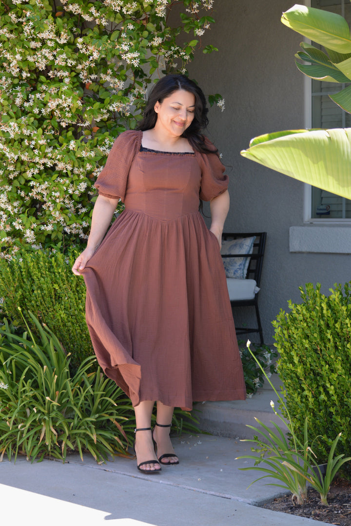 brown cotton midi dress Harmony Brown Cotton Midi Dress – Skirt Society