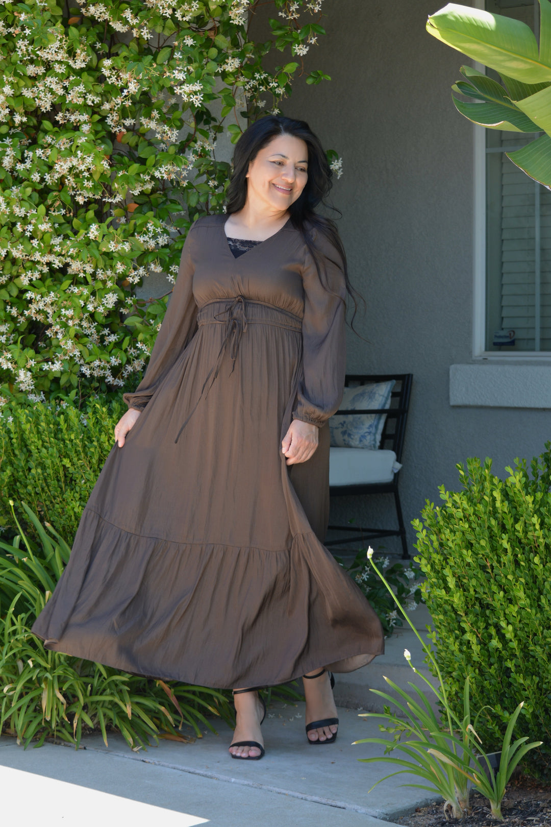 Joy Dark Brown Satin Maxi Dress Skirt Society Joy Dark Brown Satin Maxi Dress Skirt Society