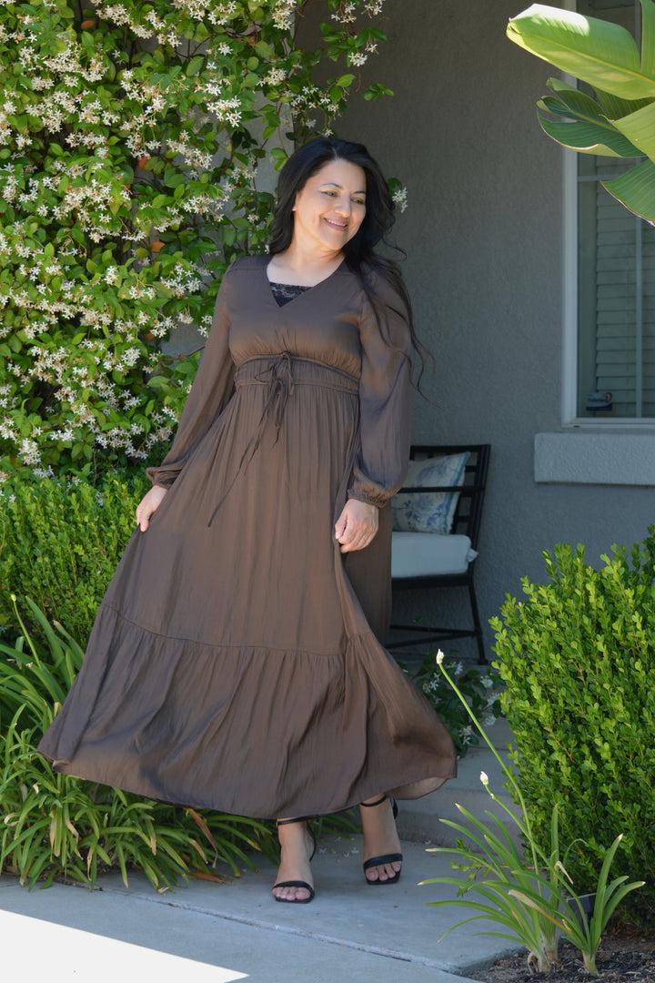 Joy Dark Brown Satin Maxi Dress – Skirt Society