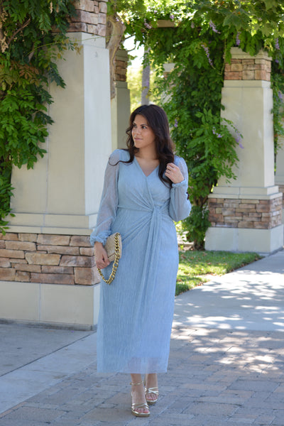 Meadow Light Blue Gold Lurex Faux Wrap Dress