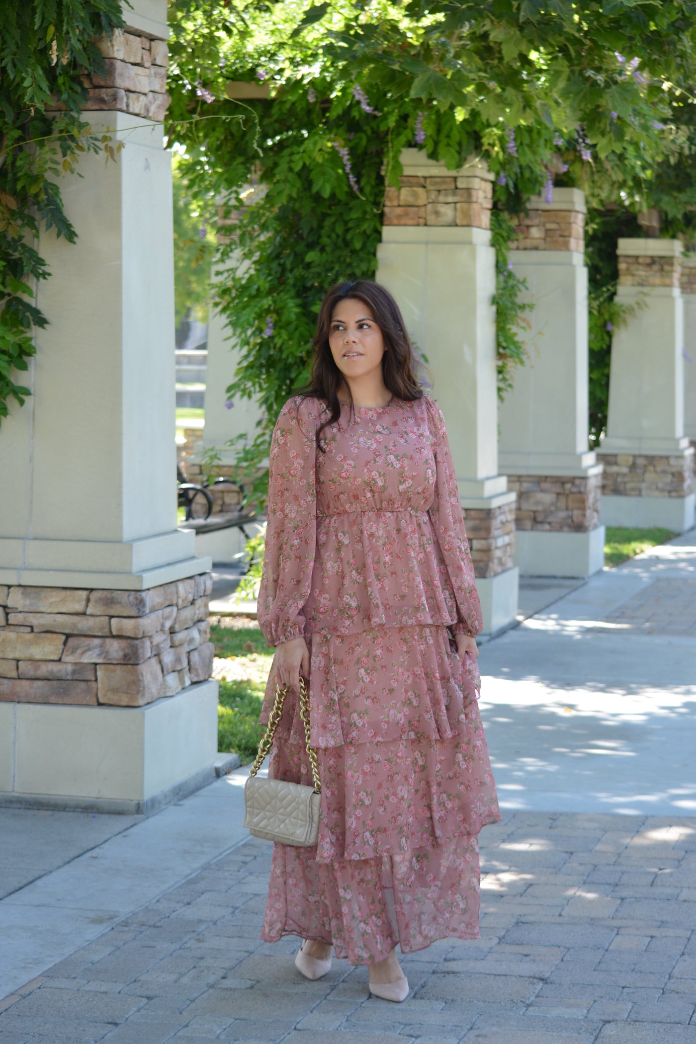 Bella Pink Floral Ruffled Maxi Dress