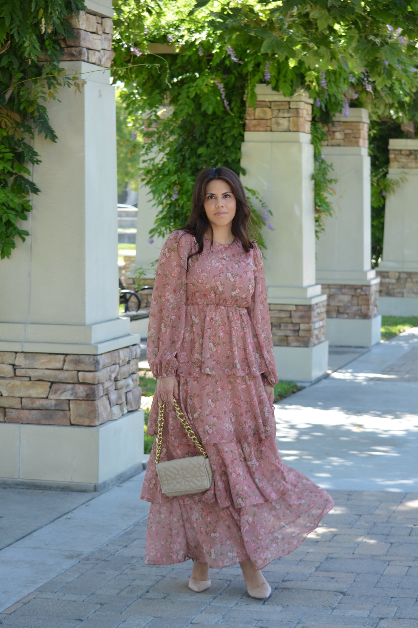 Bella Pink Floral Ruffled Maxi Dress