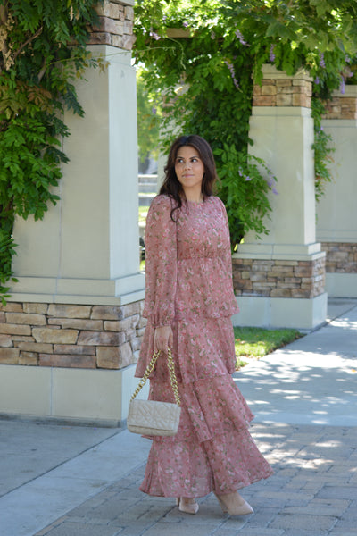 Bella Pink Floral Ruffled Maxi Dress