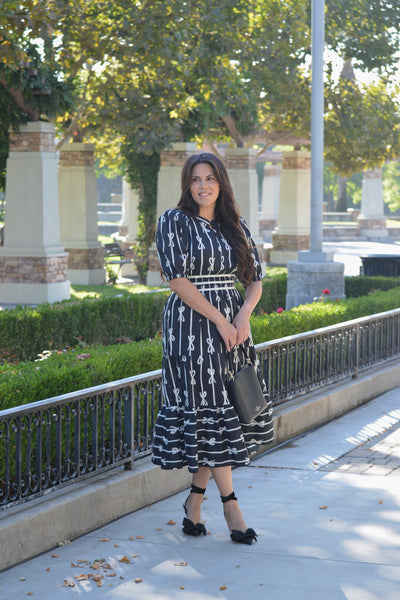 Thelma Cotton Black Bow Midi Dress