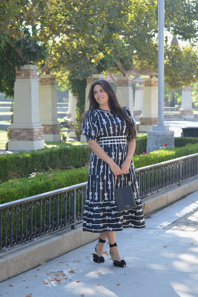 Thelma Cotton Black Bow Midi Dress