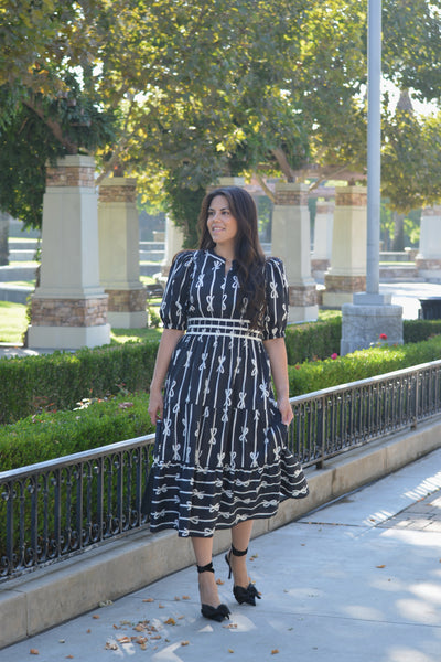 Thelma Cotton Black Bow Midi Dress