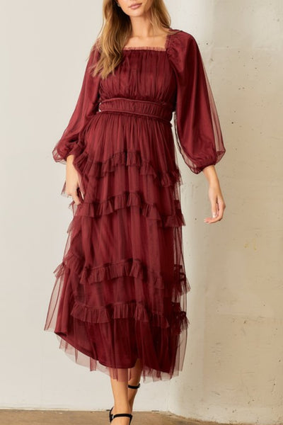 Mollie Burgundy Tulle Maxi Dress