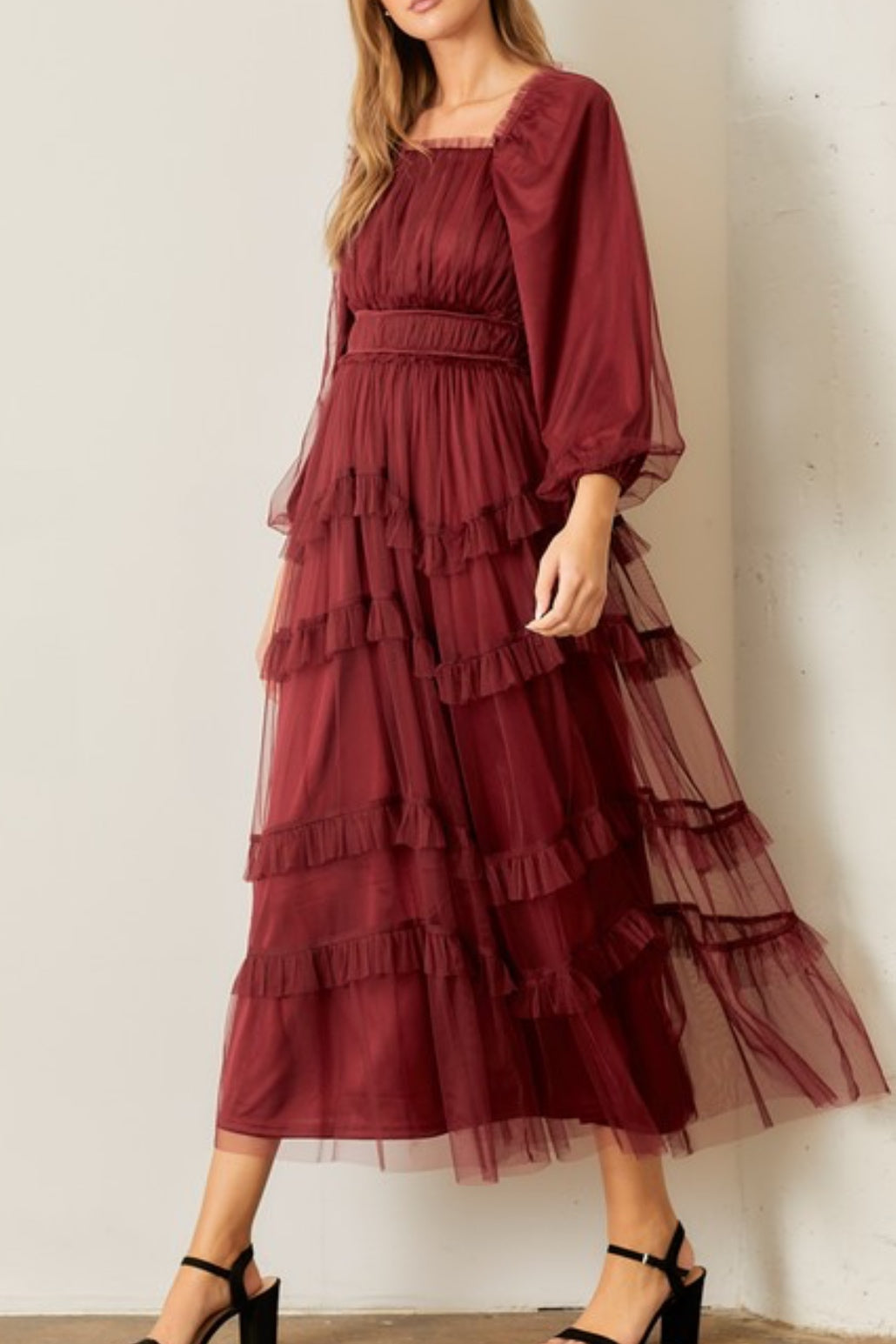 Mollie Burgundy Tulle Maxi Dress