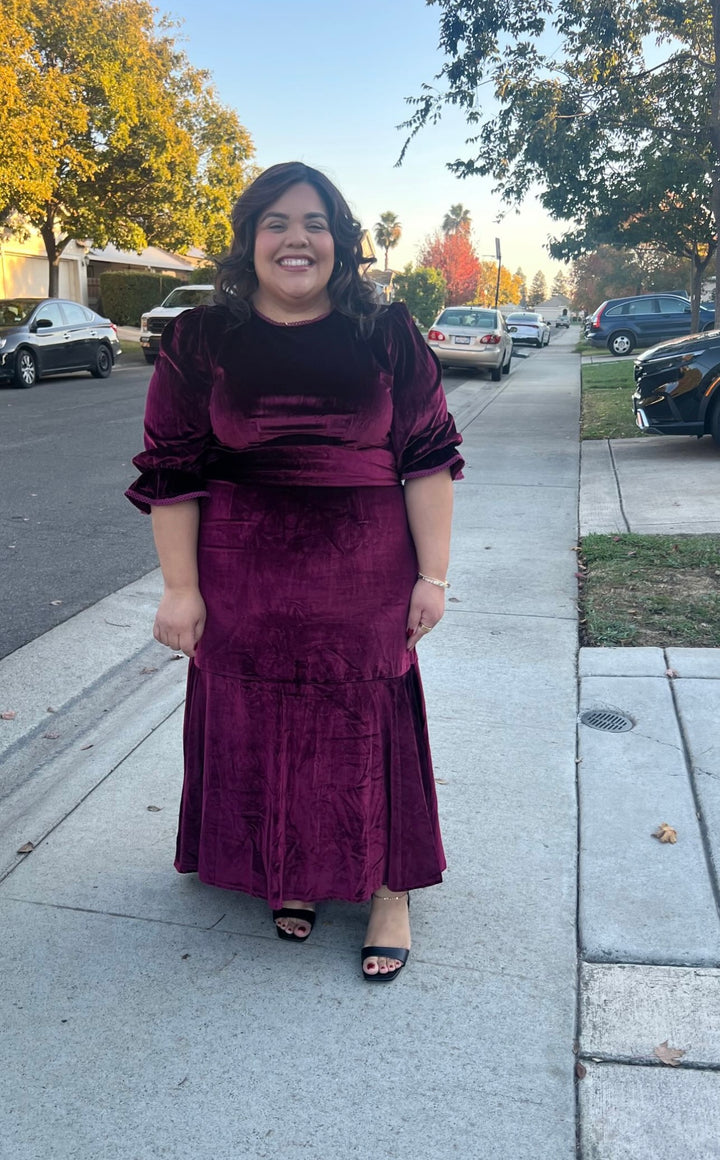 burgundy quinceanera dresses long sleeve THE WHITNEY GLITTERY VELVET DRESS IN BURGUNDY – Pink Desert main image 1