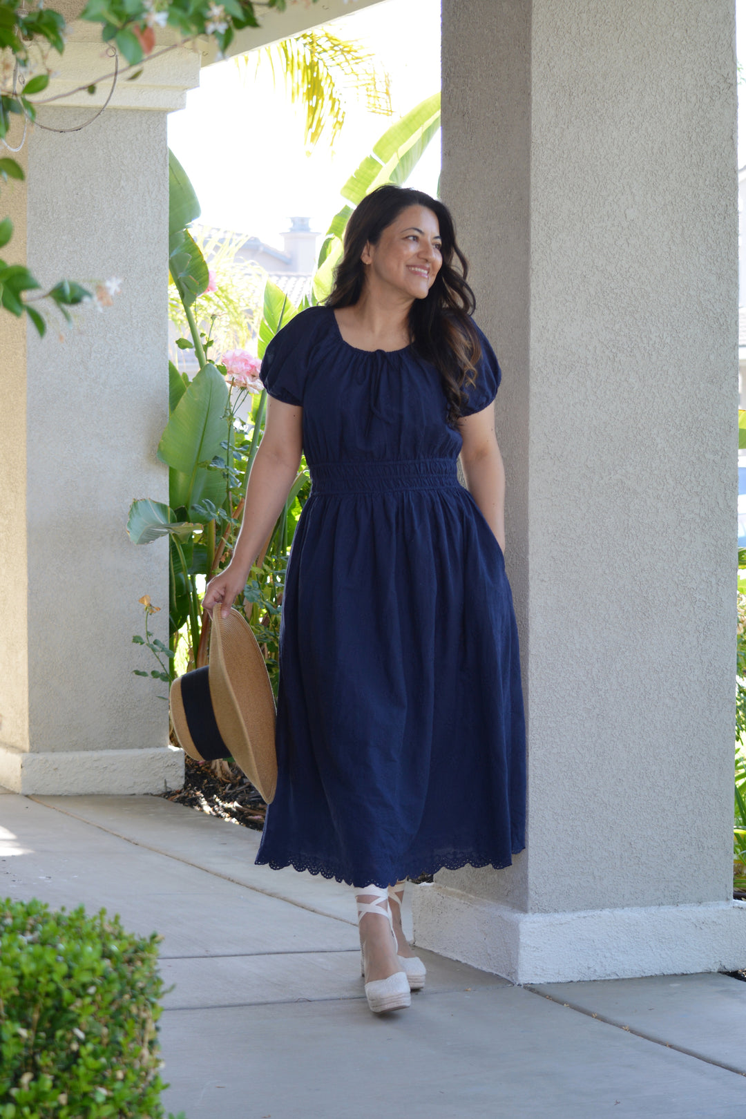 navy blue cotton dress Linen Open-Back Fit and Flare Knee Length 44" / Regular (5'2" Finished with a romantic scalloped embroidered hem Navy Blossom 100% Cotton Dress