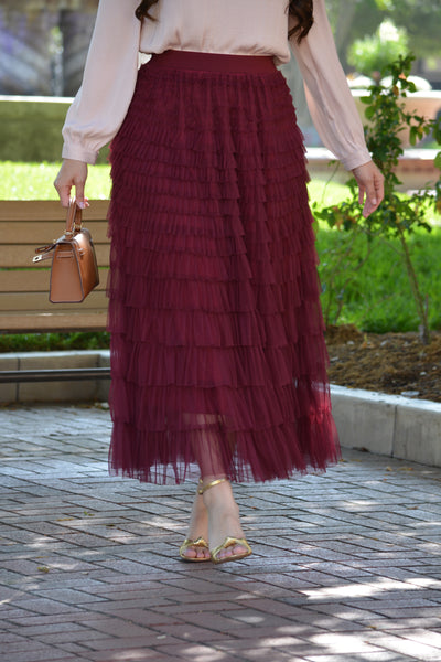 Charlotte Burgundy Tulle Tiered Skirt