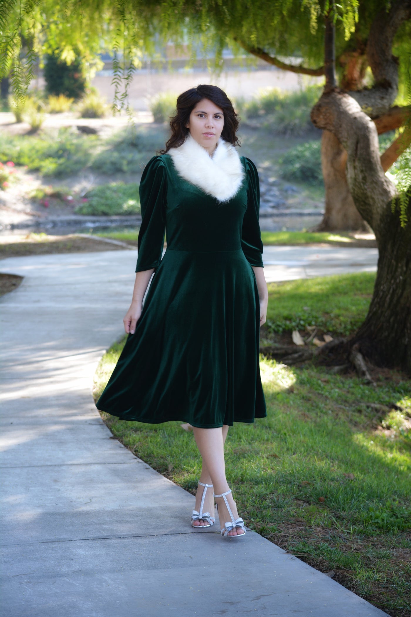 Capri Emerald Velvet Puff Sleeve Dress