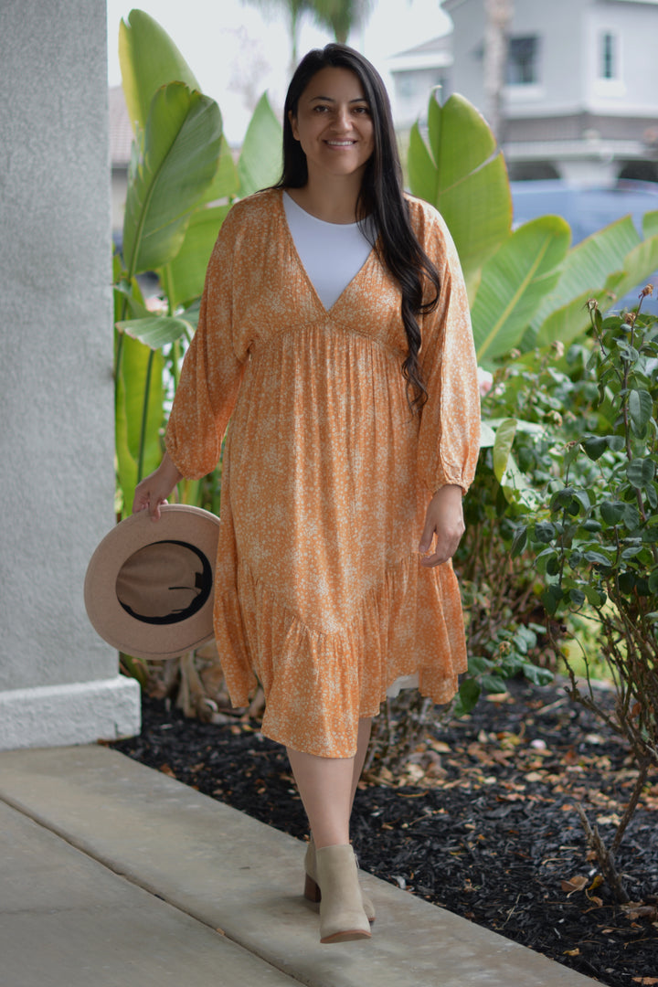peach floral midi dress Peach Floral Pleated Midi Dress PinkBlush