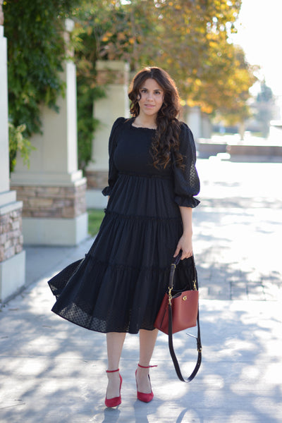 Briana Cotton Embroidered Black Dress