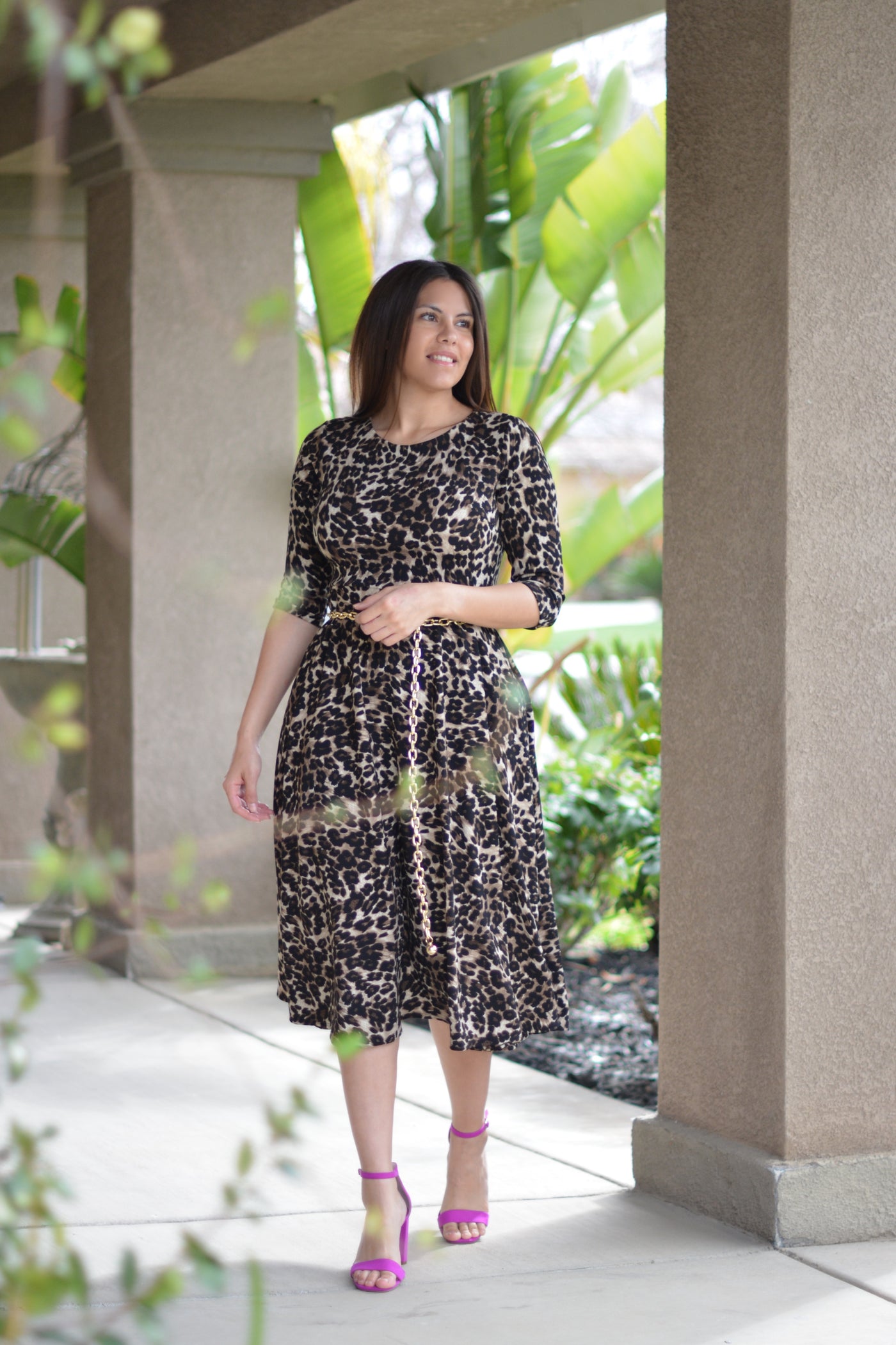 Millie Leopard Full Midi Dress (straight hem)