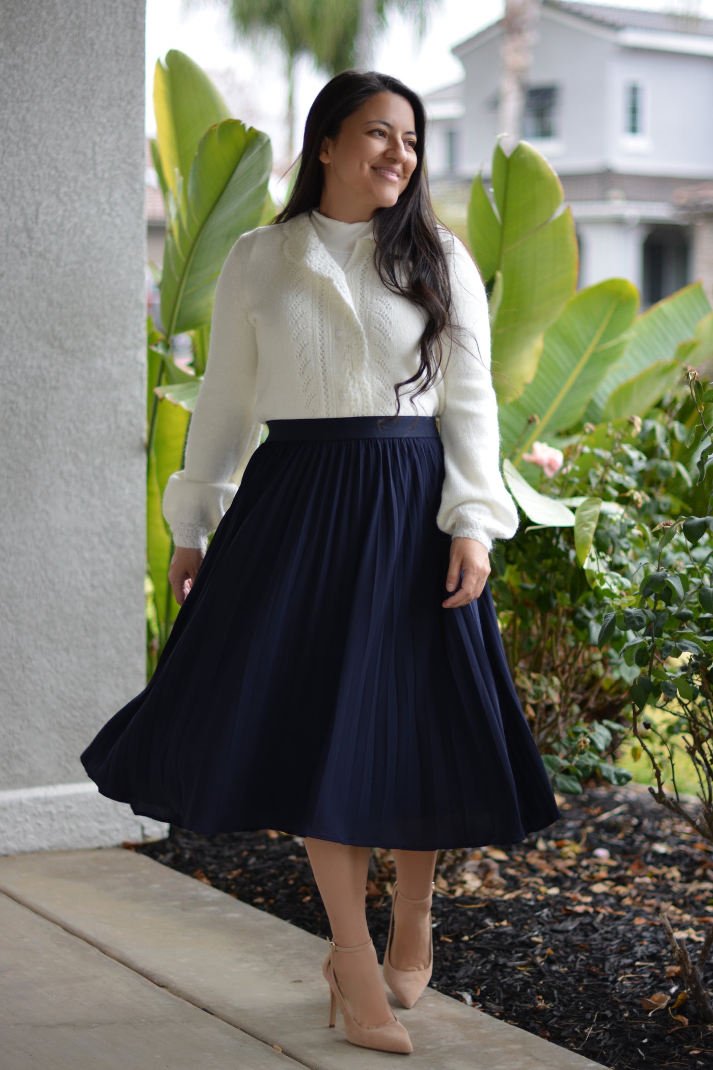 a aquatalia navy suede boots pleated midi skirt workwear office style  business attire fashion style blog san francisco - MEMORANDUM | NYC Fashion  & Lifestyle Blog for the Working Girl