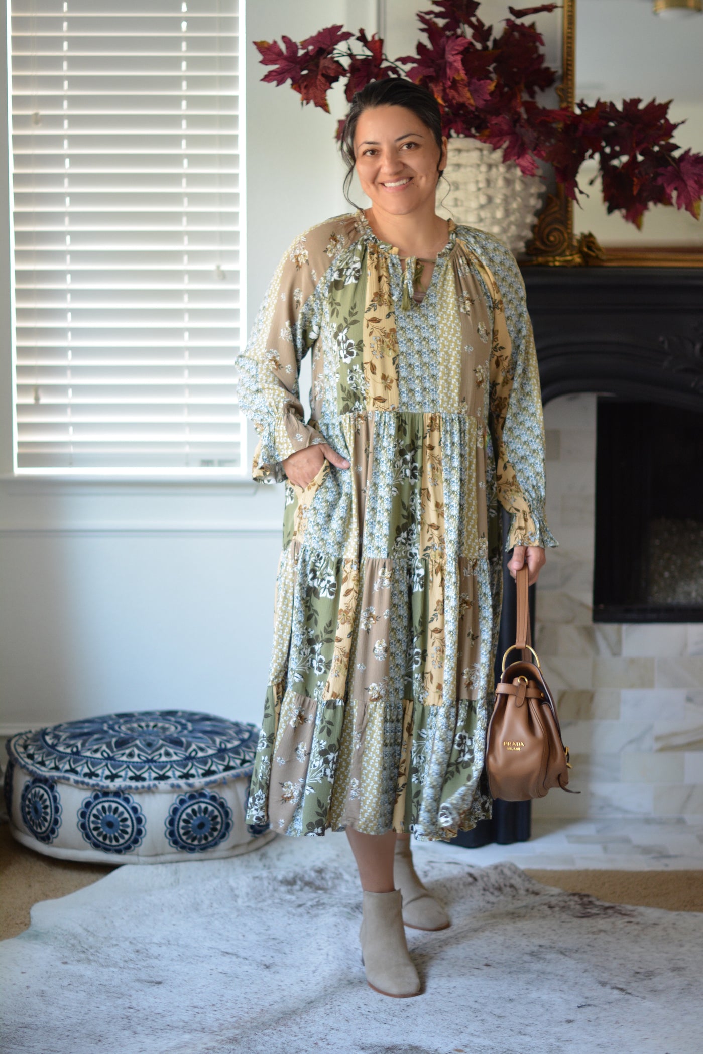 Marcia Olive Patchwork Dress