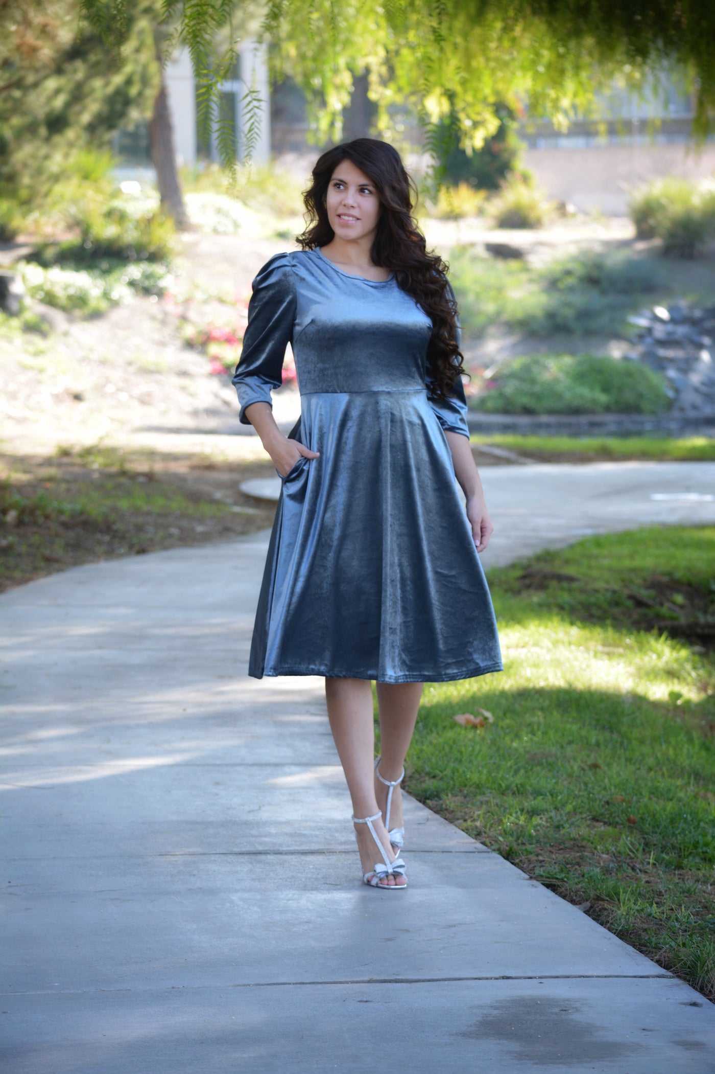 Capri  Slate Blue Gray Velvet Puff Sleeve Dress