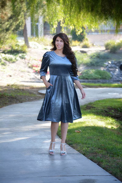 Capri  Slate Blue Gray Velvet Puff Sleeve Dress