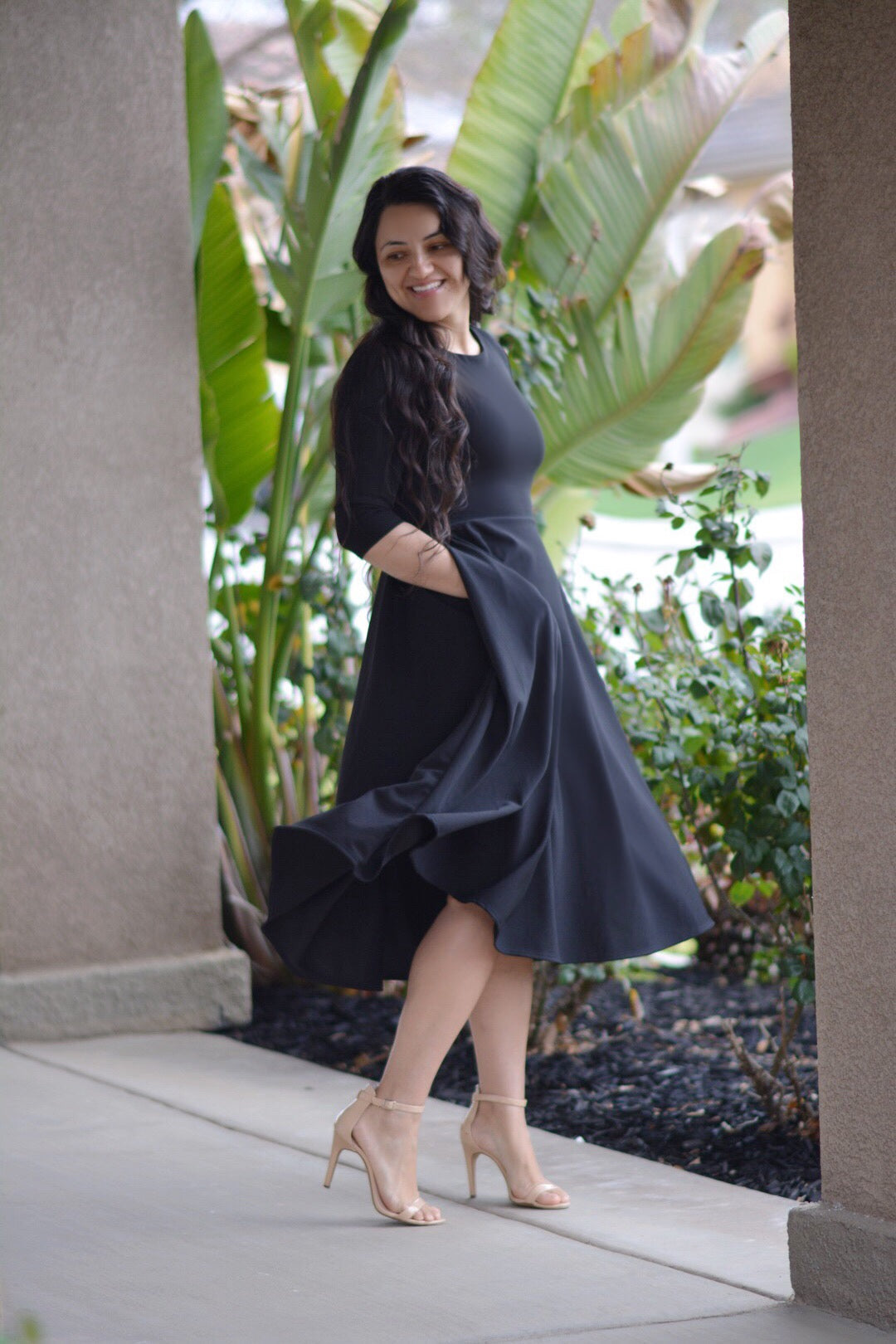 black midi dress full skirt Millie Black Full Midi Dress